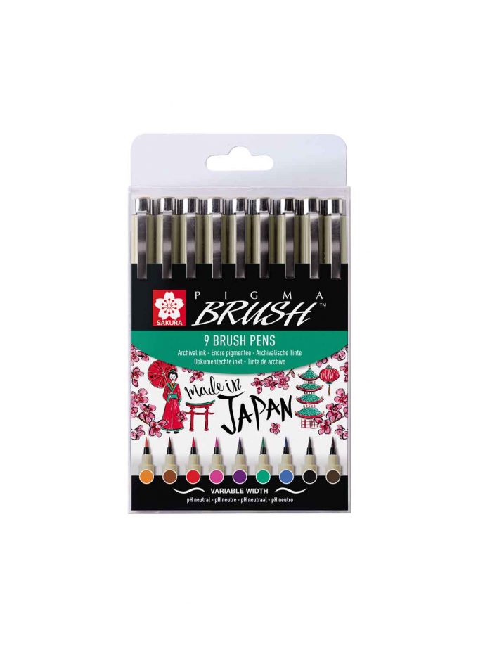 Set of 9 Brush Pens Pigma Sakura