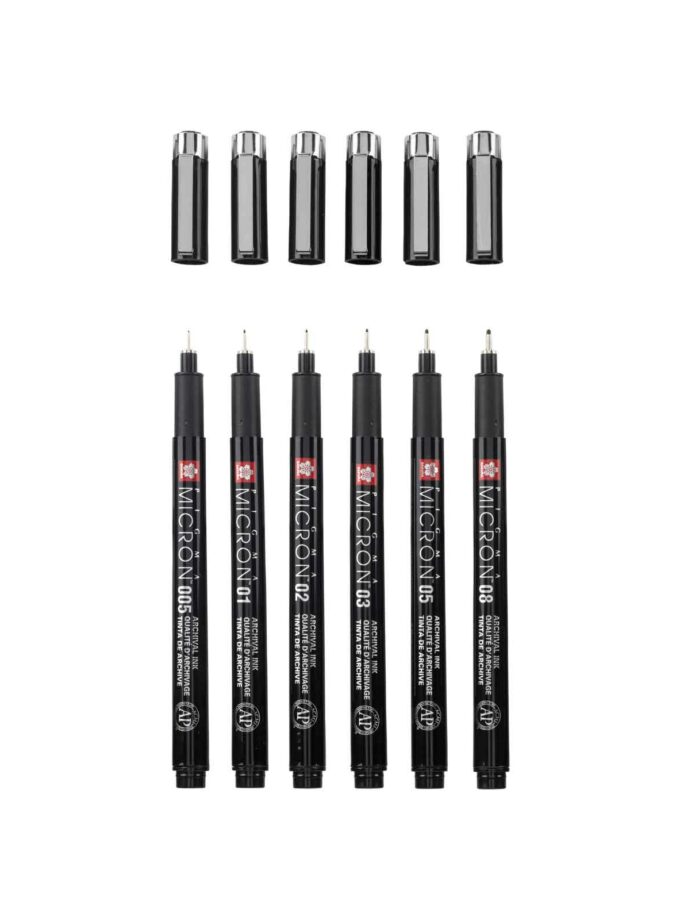 Σετ 6 Μαρκαδοράκια Sakura Pigma Micron Black Edition (με Θήκη). Ανοιχτά πενάκια