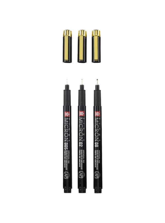 Σετ 3 Μαρκαδοράκια Sakura Pigma Black and Gold (Με Θήκη). Ανοιχτά πενάκια