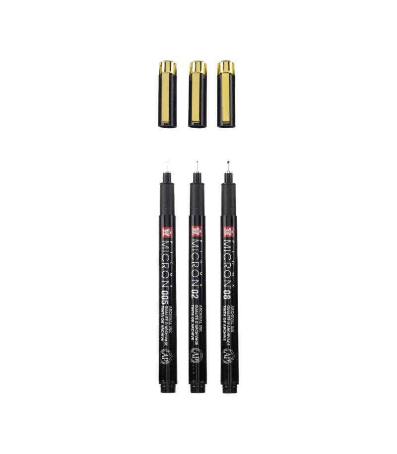 Σετ 3 Μαρκαδοράκια Sakura Pigma Black and Gold (Με Θήκη). Ανοιχτά πενάκια