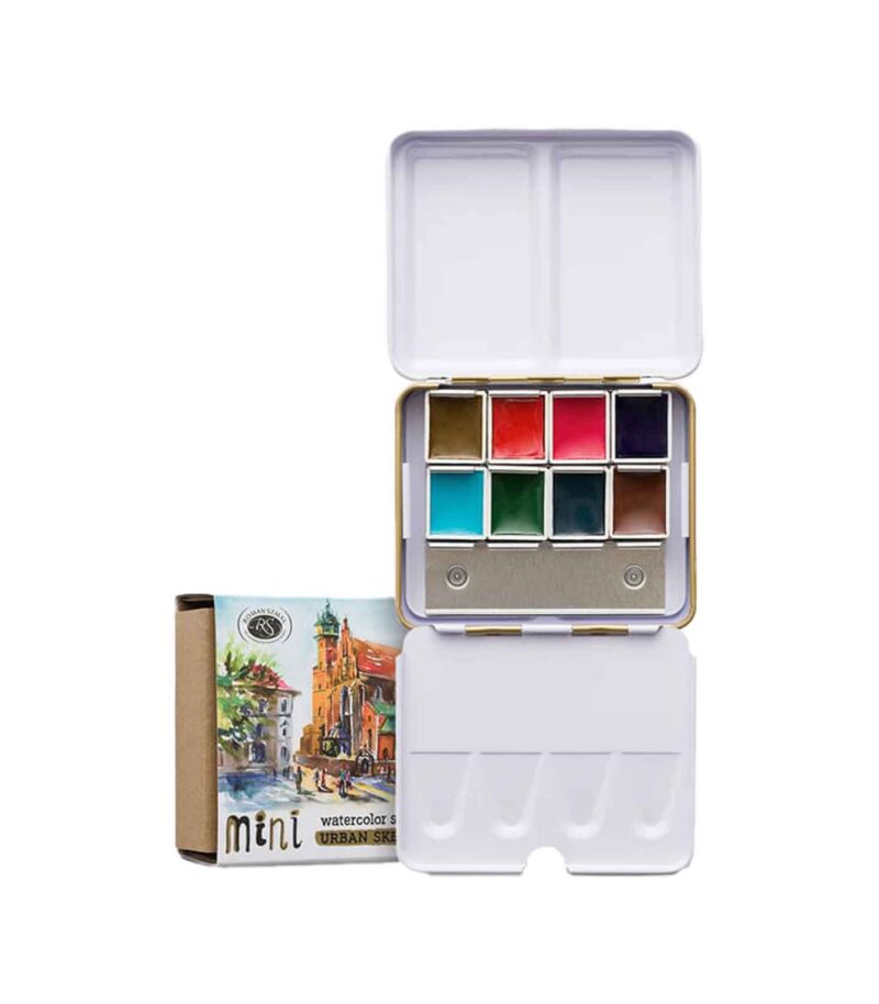 Gold-Set-8-Watercolors-Urban-Sketachers-Roman-Szmal-Art&Colour-Open-Case