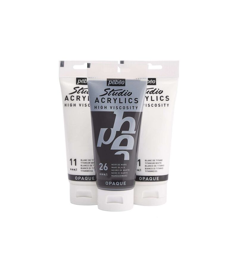 3x100ml-Stusio Acrylics Black and White Set-Studio Acrylics Paint-Pebeo-Art&Colour-3 Tubes 3x100ml-Stusio Acrylics Black and White Set-Studio Acrylics Paint-Pebeo-Art&Colour-3 Tubes