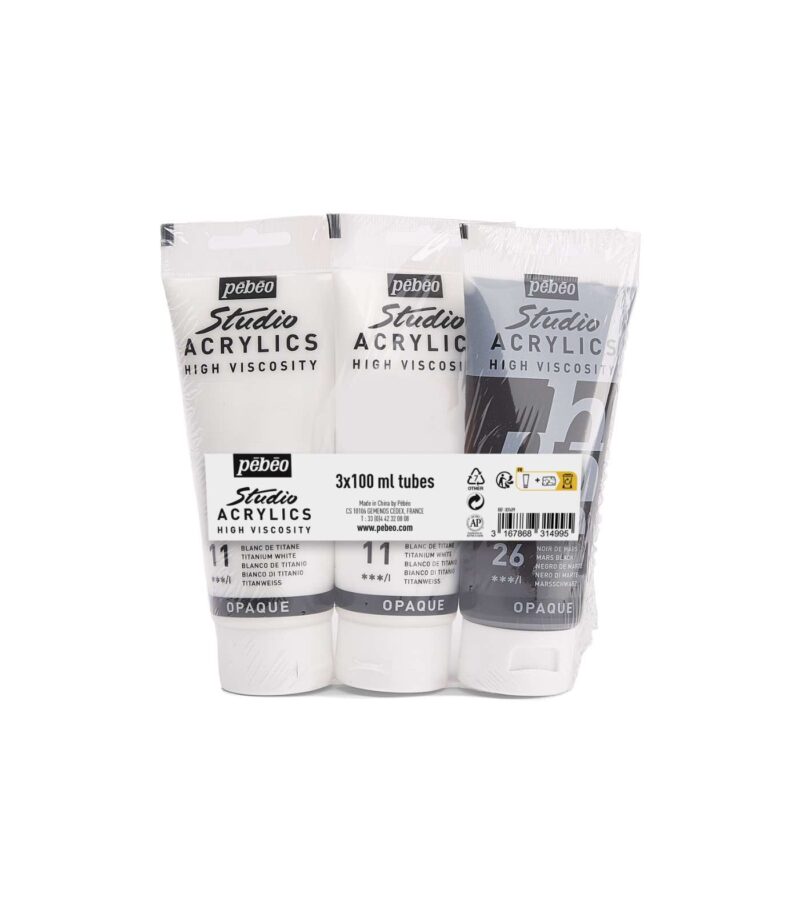 3x100ml-Stusio Acrylics Black and White Set-Studio Acrylics Paint-Pebeo-Art&Colour-Packaged