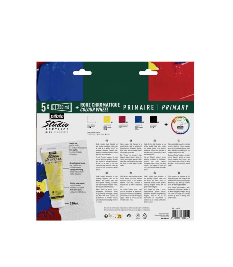 5x250ml + Colour Wheel-Studio Acrylics Primary Set-Studio Acrylic Paint-Pebeo-Art&Colour-Back