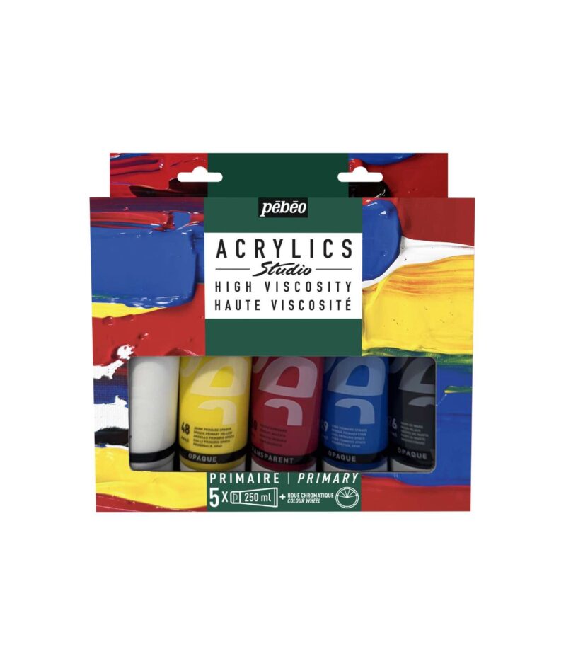 5x250ml + Colour Wheel-Studio Acrylics Primary Set-Studio Acrylic Paint-Pebeo-Art&Colour-Front 5x250ml + Colour Wheel-Studio Acrylics Primary Set-Studio Acrylic Paint-Pebeo-Art&Colour-Front