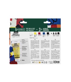 STUDIO ACRYLICS PRIMARY SET 5 x 100 ML + 3 ACRYLIC MARKERS-Studio Acrylics-Pebeo-Art&Colour-Back