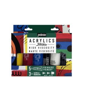 STUDIO ACRYLICS PRIMARY SET 5 x 100 ML + 3 ACRYLIC MARKERS-Studio Acrylics-Pebeo-Art&Colour-Front