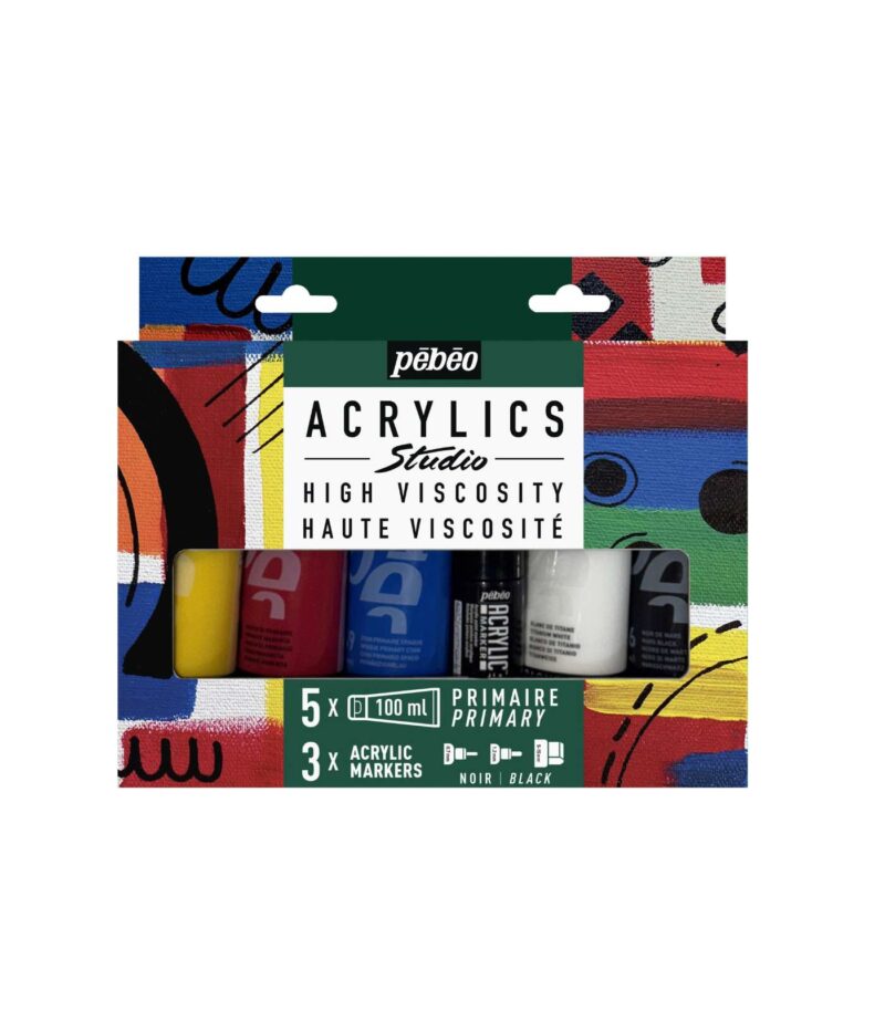 STUDIO ACRYLICS PRIMARY SET 5 x 100 ML + 3 ACRYLIC MARKERS-Studio Acrylics-Pebeo-Art&Colour-Front