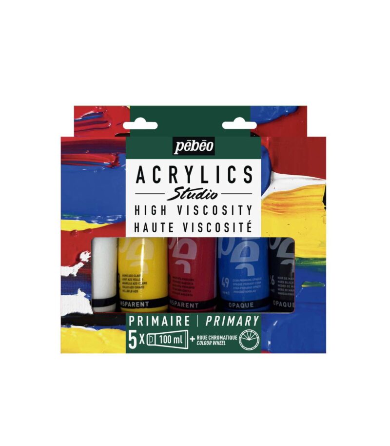STUDIO ACRYLICS PRIMARY SET 5 x 100 ML + COLOUR WHEEL-Studio Acrylics-Pebeo-Art&Colour STUDIO ACRYLICS PRIMARY SET 5 x 100 ML + COLOUR WHEEL-Studio Acrylics-Pebeo-Art&Colour